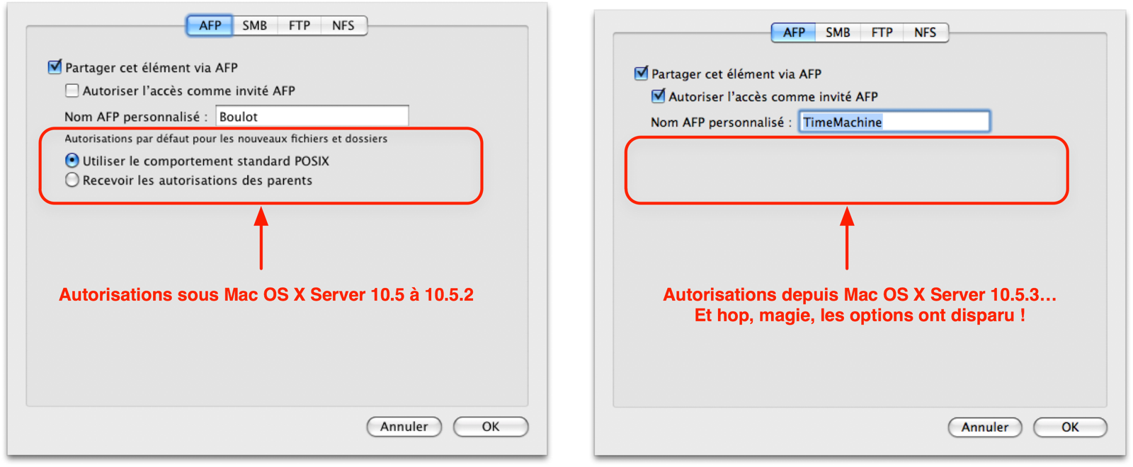 Depuis Mac OS X Server 10.5.3, l\'option d\'héritage des permissions a disparu